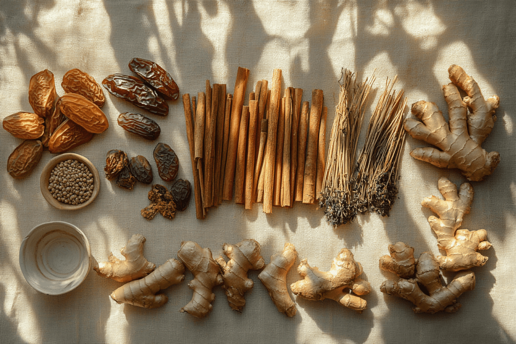 Flat lay of natural ingredients on a textured beige surface, featuring ginger roots, cinnamon sticks, dried dates, coriander seeds, dried lavender, and a ceramic bowl, bathed in soft sunlight with leaf shadows.