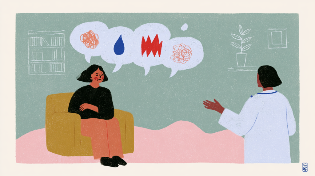 Editorial illustration of a woman in a medical consultation surrounded by speech bubbles of chaotic mood symbols, representing menopause mood swings — Ayla Executive Medical