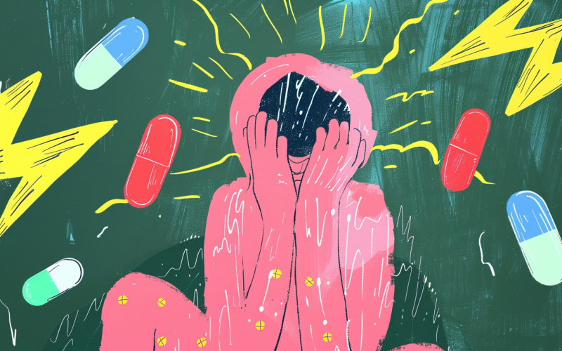 Conceptual illustration of medication overuse headache and the painkiller rebound cycle, with acupuncture as a path to break free — Ayla Executive Medical