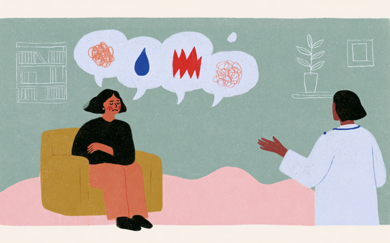 Editorial illustration of a woman in a medical consultation surrounded by speech bubbles of chaotic mood symbols, representing menopause mood swings — Ayla Executive Medical