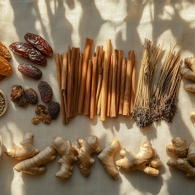 Flat lay of natural ingredients on a textured beige surface, featuring ginger roots, cinnamon sticks, dried dates, coriander seeds, dried lavender, and a ceramic bowl, bathed in soft sunlight with leaf shadows.