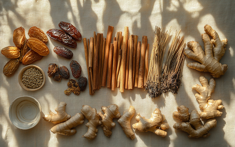 Flat lay of natural ingredients on a textured beige surface, featuring ginger roots, cinnamon sticks, dried dates, coriander seeds, dried lavender, and a ceramic bowl, bathed in soft sunlight with leaf shadows.